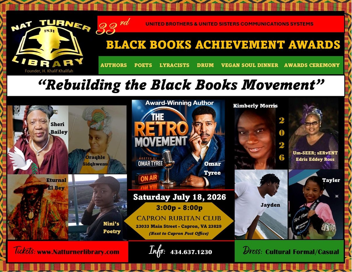 33rd Annual Black Books Achievement Awards — July 18, 2026, Capron VA. Nat Turner Library event featuring Black authors, poets, and lyracists.